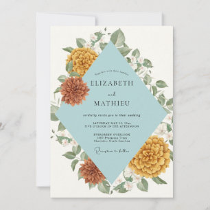 Invitación Boda de dalias de color naranja quemado y aqua