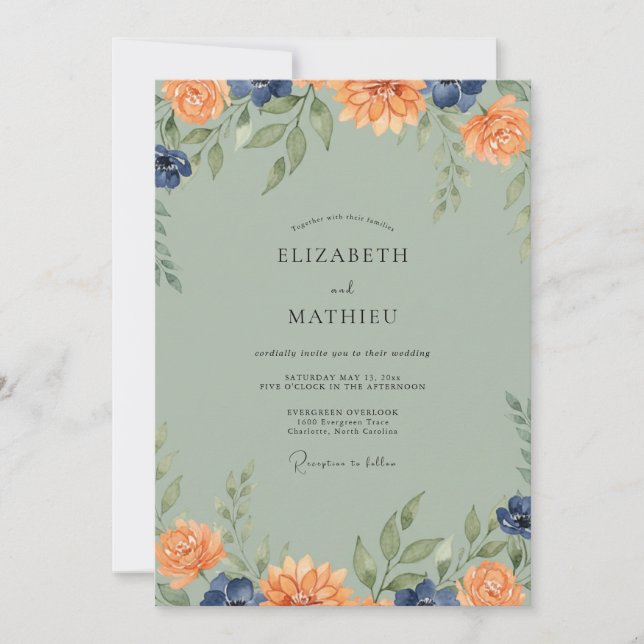 Invitación Boda de dalias de musgo ámbar (Anverso)