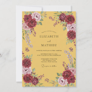 Invitación Boda de dalias granate mostaza
