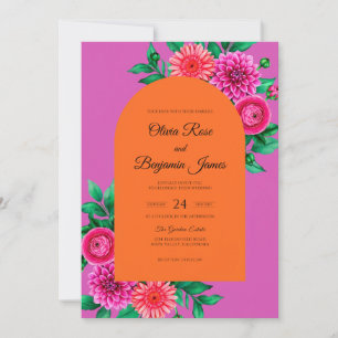 Invitación Boda de dalias naranja magenta