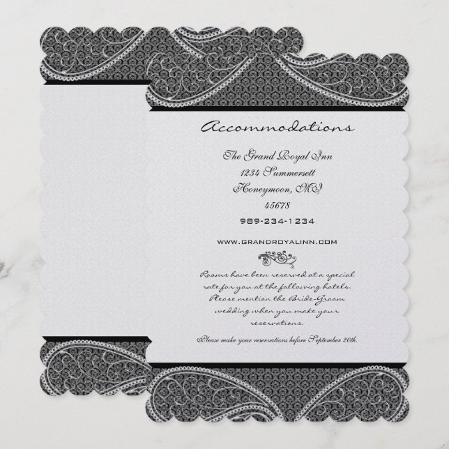 Invitación Boda de damasca Paisley de época blanca y negra la (Anverso / Reverso)