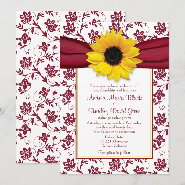 Invitación Boda de Damasco Amarillo de Giro Borgoña (Anverso / Reverso)