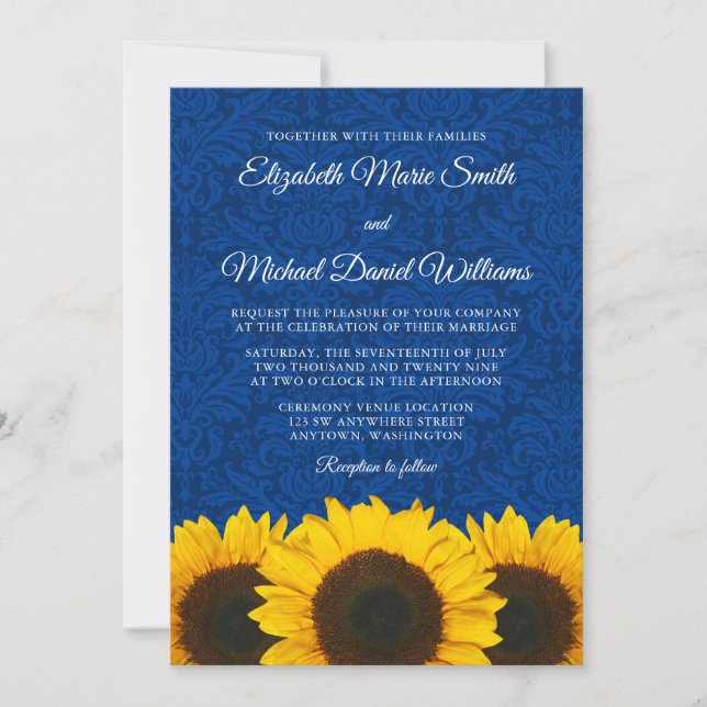 Invitación Boda de Damasco Azul de Sunflowers (Anverso)