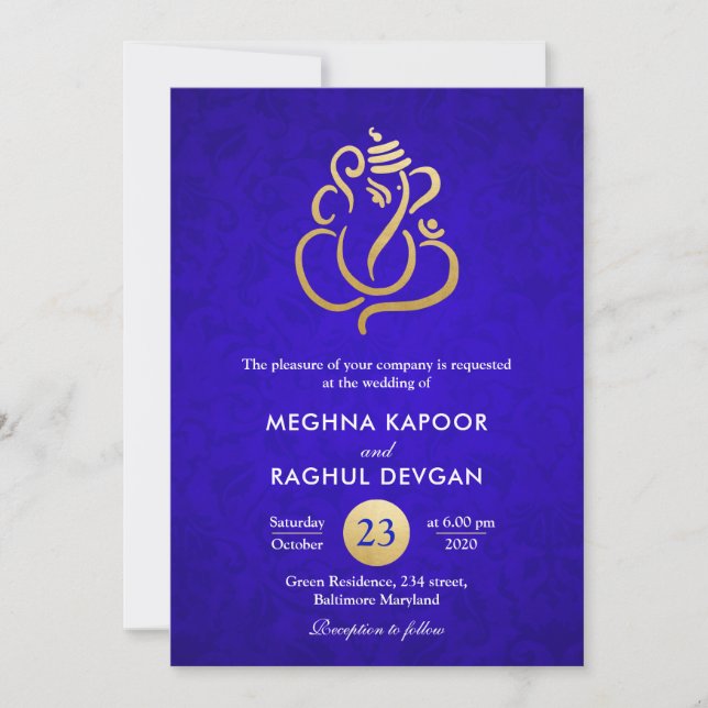 Invitación Boda de Damasco Azul en Relieve metalizado dorado  (Anverso)