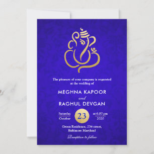 Invitación Boda de Damasco Azul en Relieve metalizado dorado