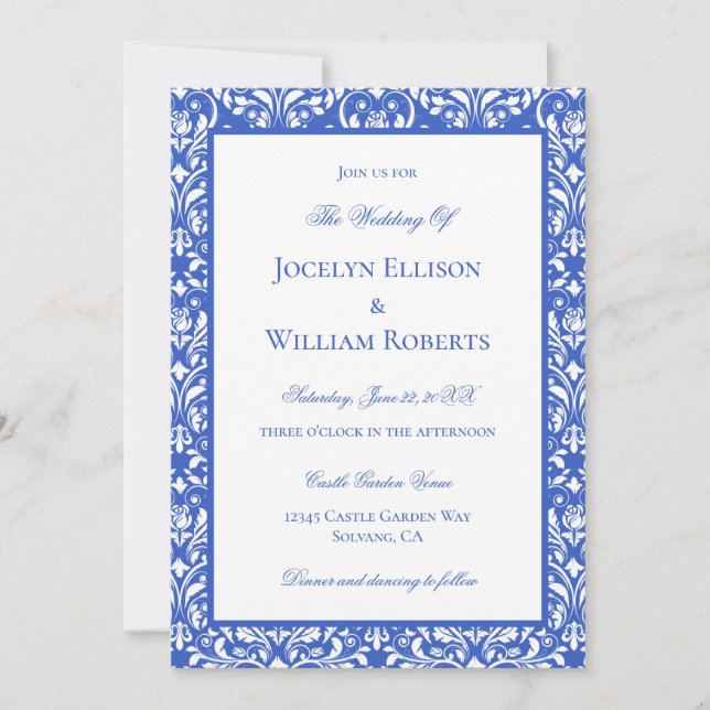 Invitación Boda De Damasco Azul Y Blanco Moderno (Anverso)