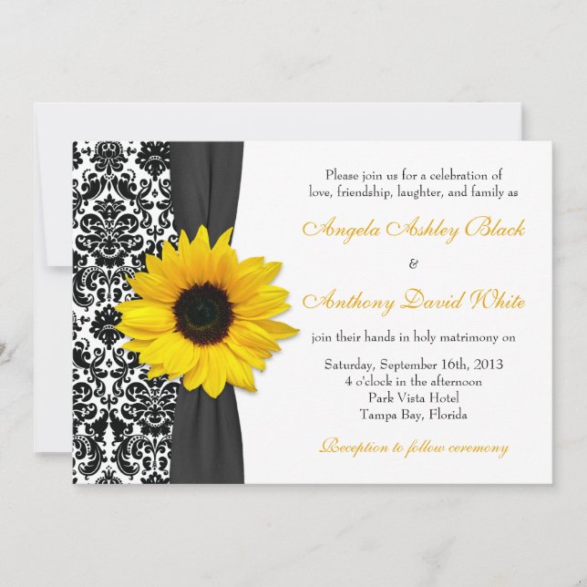 Invitación Boda de Damasco Blanco y Amarillo de Giro (Anverso)