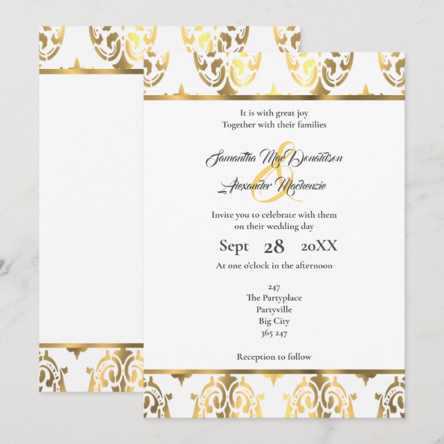 Invitación Boda de damasco blanco y dorado (Anverso / Reverso)
