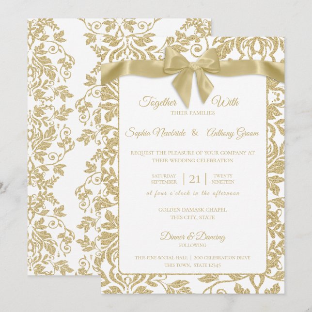 Invitación Boda de Damasco blanco y dorado (Anverso / Reverso)