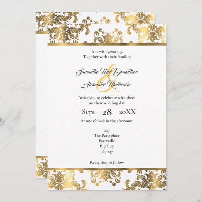 Invitación Boda de damasco blanco y dorado (Anverso / Reverso)