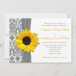 Invitación Boda de Damasco Blanco y Gris con mango amarillo g