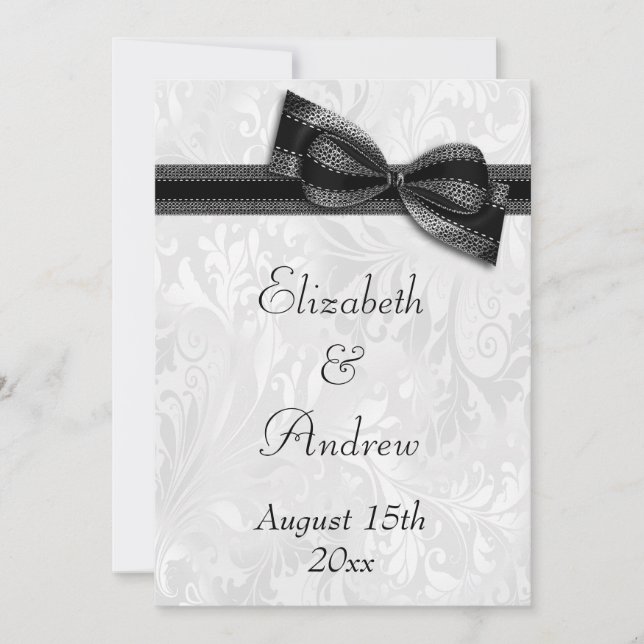Invitación Boda de Damasco Blanco y Lazo Falso (Anverso)