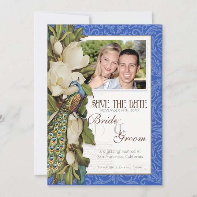 Invitación Boda de damasco con espiral floral de magnolia de  (Anverso)