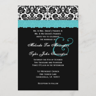 Invitación Boda de Damasco con flores de color blanco Aqua V2