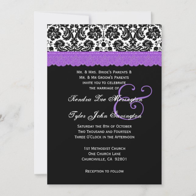 Invitación Boda de Damasco con flores moradas negras V18 (Anverso)