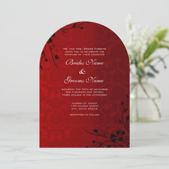 Invitación Boda de Damasco de Black Swirls Lighter Red Metall (Anverso de pie)