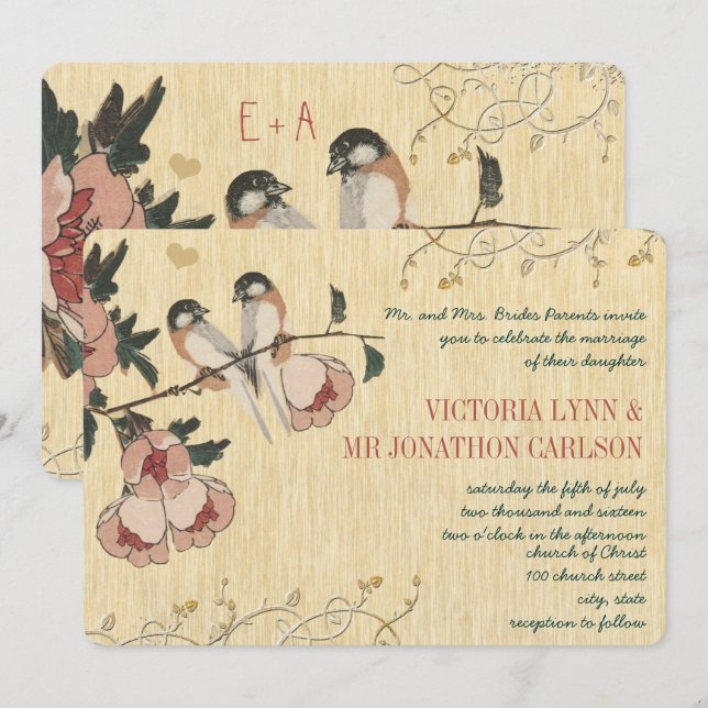 Invitación Boda de Damasco de Cherry Blossom Vintage (Anverso / Reverso)