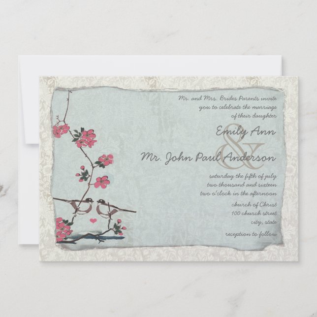 Invitación Boda de Damasco de Cherry Blossom Vintage (Anverso)