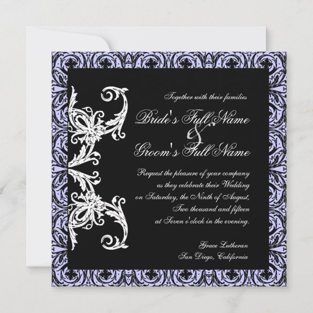 Invitación Boda de Damasco de Círculo de Lavanda Negra y Blan (Anverso)