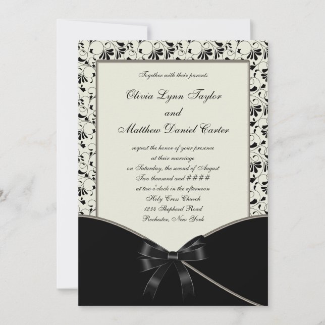 Invitación Boda de Damasco de Crema Marfil Negro (Anverso)