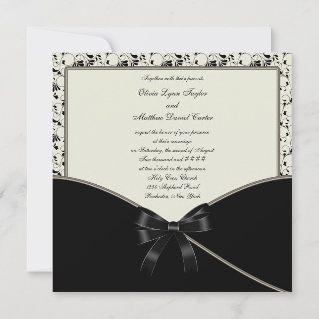 Invitación Boda de Damasco de Crema Marfil Negro (Anverso)