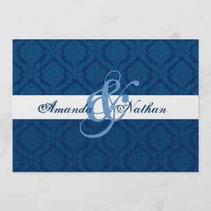 Invitación Boda de Damasco de Diamante Azul Marino y Blanco