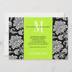 Invitación Boda de Damasco de Monograma Negro Lime Guardar La