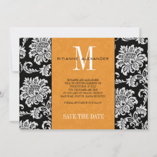 Invitación Boda de Damasco de Monograma Negro naranja Guardar
