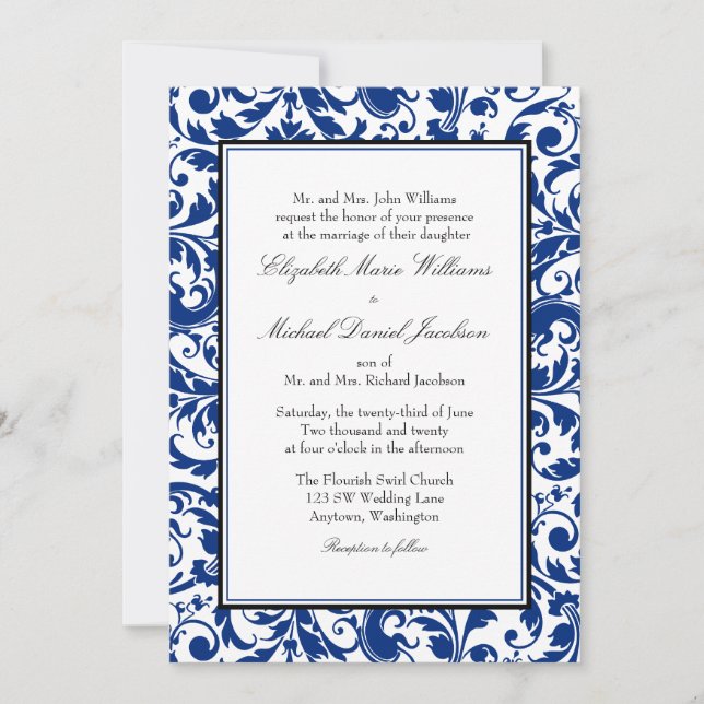 Invitación Boda de Damasco de Natación Azul y Negra (Anverso)