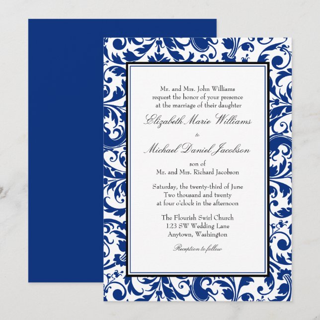 Invitación Boda de Damasco de Natación Azul y Negra (Anverso / Reverso)