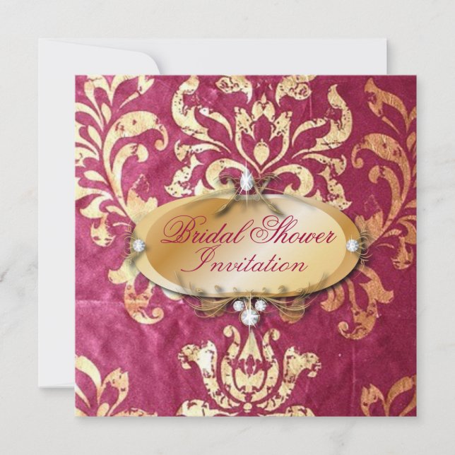 Invitación boda de damasco de oro de fuchsia rústica (Anverso)