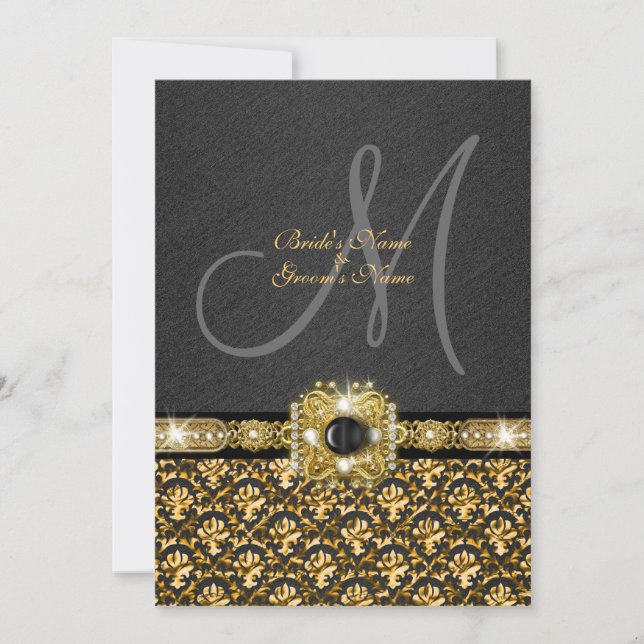 Invitación Boda de damasco de oro negro (Anverso)