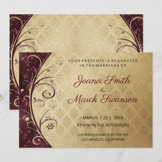 Invitación Boda De Damasco De Oro Y Bañeras Moradas (Anverso / Reverso)