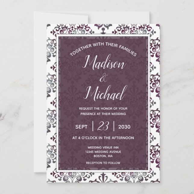 Invitación Boda de damasco de Plum Silver Sage (Anverso)