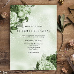 Invitación Boda de Damasco de Rosa Vintage verde pálido