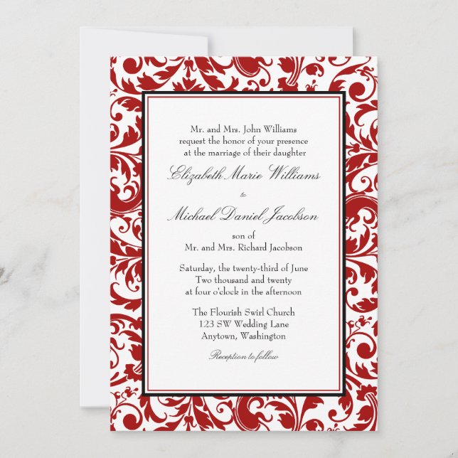 Invitación Boda de Damasco de Swirl Rojo y Negro (Anverso)