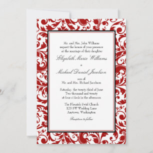 Invitación Boda de Damasco de Swirl Rojo y Negro