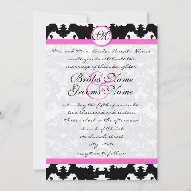 Invitación Boda de Damasco en Monograma Victoriano Rosa y Neg (Reverso)