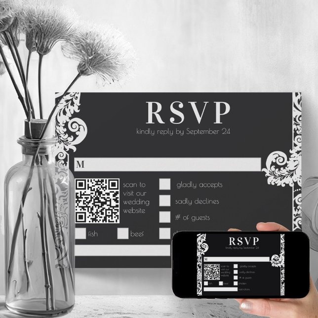 Invitación Boda de Damasco floral blanca y negra moderna RSVP (elegant black and white wedding theme modern damask printable rsvp card)