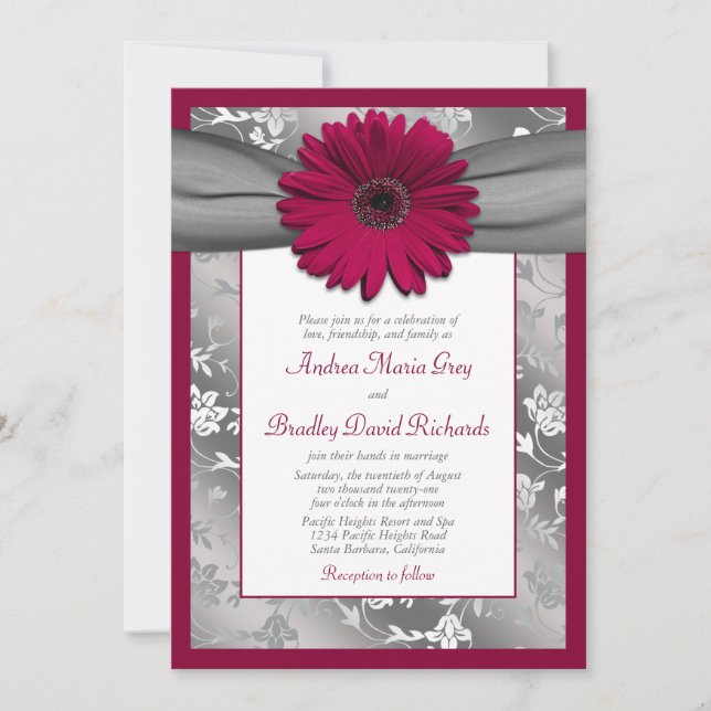 Invitación Boda de Damasco Floral de Daisy Gris Borgoña (Anverso)