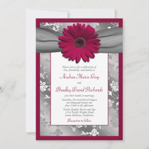 Invitación Boda de Damasco Floral de Daisy Gris Borgoña