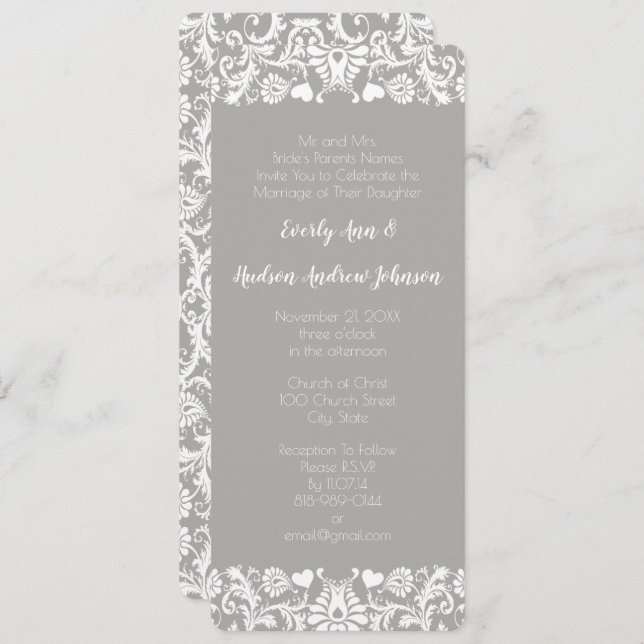 Invitación Boda de Damasco Floral de encaje gris y blanco (Anverso / Reverso)