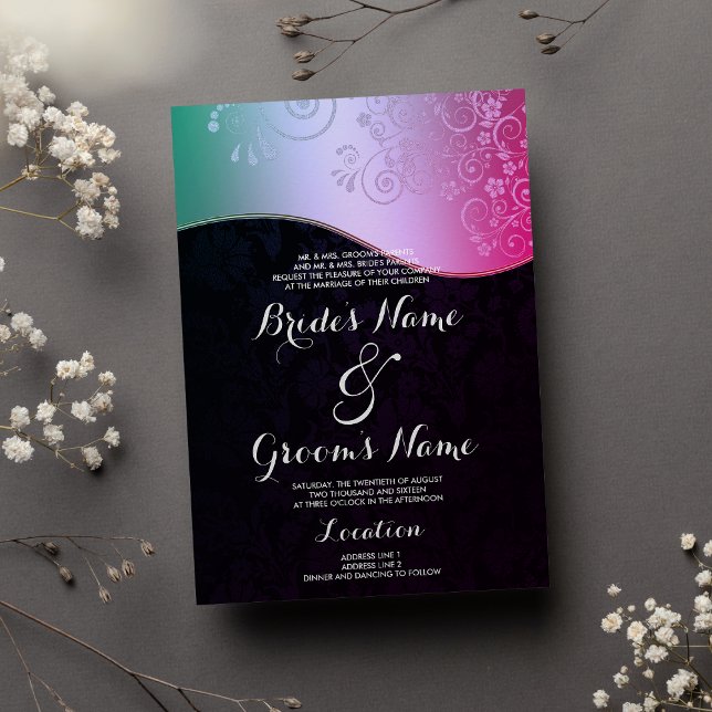Invitación Boda de Damasco Floral de gradiente Verde azulado  (Black Pink Teal Gradient Floral Damask Wedding )