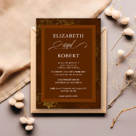 Invitación Boda de Damasco Floral de oro marrón y eterno