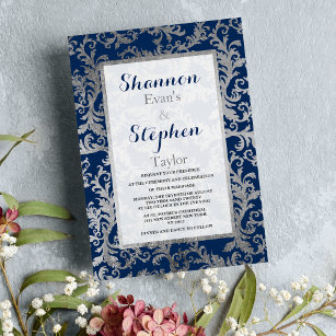 Invitación Boda de damasco floral de plata azul marino veneci