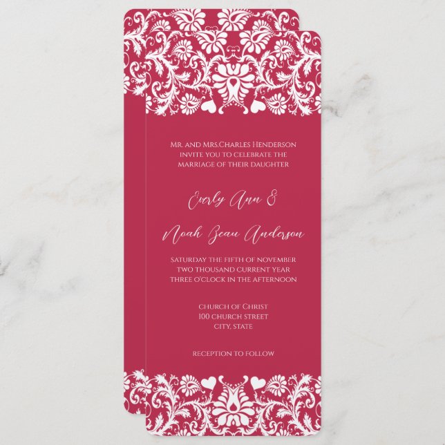 Invitación Boda de damasco floral rosa magenta victoriana (Anverso / Reverso)