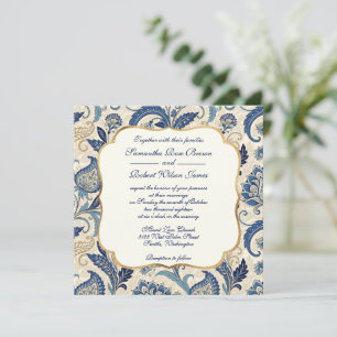 Invitación Boda de Damasco Floral Vintage Azul y Crema