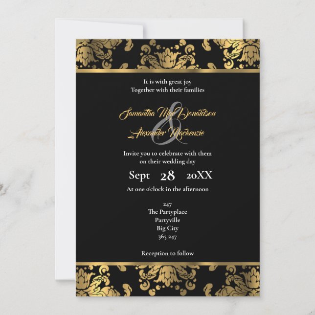 Invitación Boda de damasco gótico dorado y negro (Anverso)