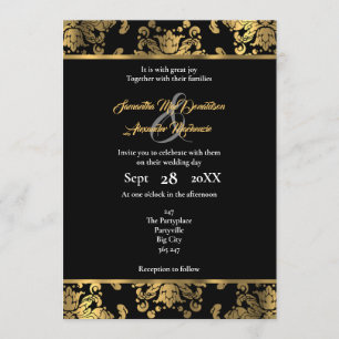Invitación Boda de damasco gótico dorado y negro