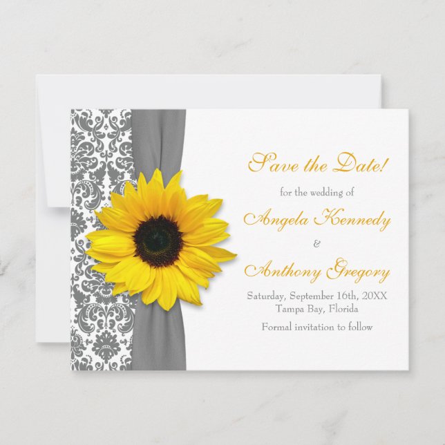 Invitación Boda de damasco gris amarillo girasol salva la fec (Anverso)